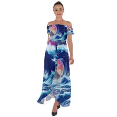 Storm Tsunami Waves Ocean Sea Nautical Nature Off Shoulder Open Front Chiffon Dress by uniart180623