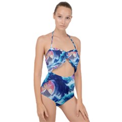 Storm Tsunami Waves Ocean Sea Nautical Nature Scallop Top Cut Out Swimsuit by uniart180623