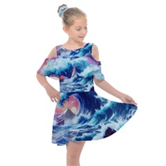 Storm Tsunami Waves Ocean Sea Nautical Nature Kids  Shoulder Cutout Chiffon Dress by uniart180623