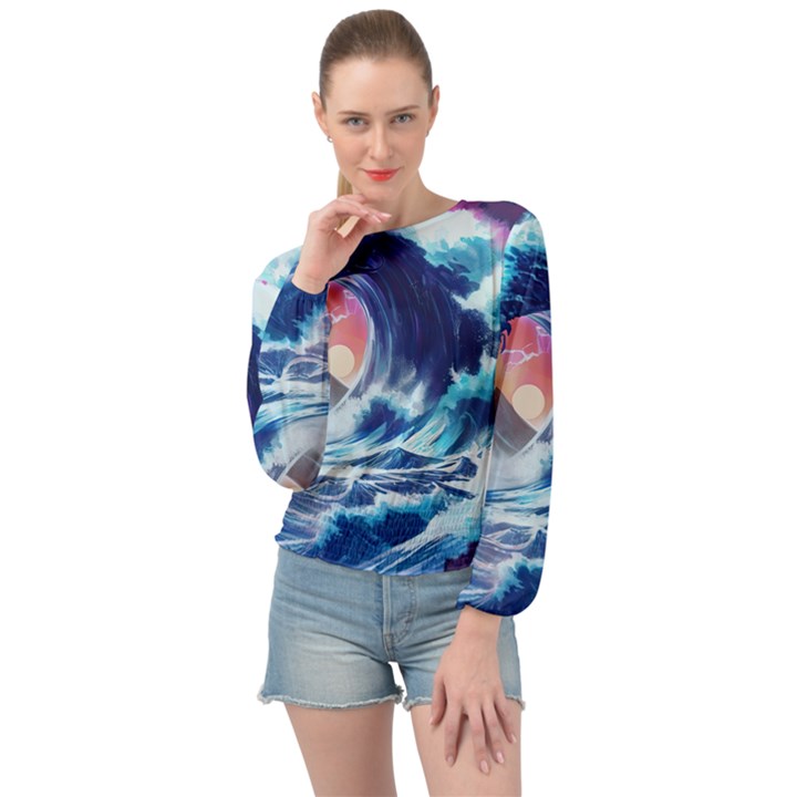 Storm Tsunami Waves Ocean Sea Nautical Nature Banded Bottom Chiffon Top