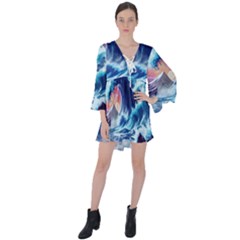 Storm Tsunami Waves Ocean Sea Nautical Nature V-neck Flare Sleeve Mini Dress by uniart180623