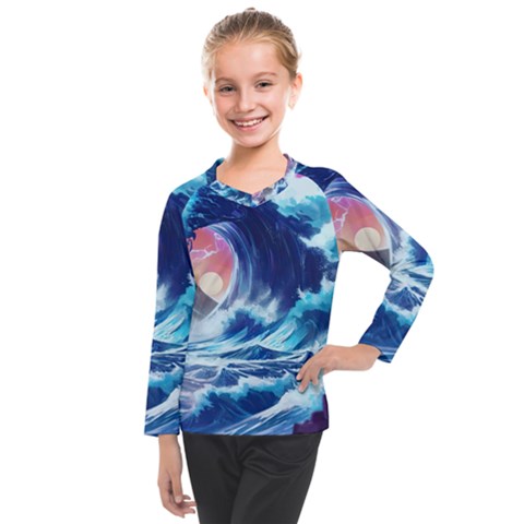 Storm Tsunami Waves Ocean Sea Nautical Nature Kids  Long Mesh Tee by uniart180623