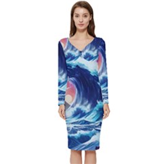 Storm Tsunami Waves Ocean Sea Nautical Nature Long Sleeve V-neck Bodycon Dress  by uniart180623