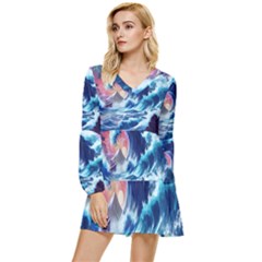 Storm Tsunami Waves Ocean Sea Nautical Nature Tiered Long Sleeve Mini Dress by uniart180623