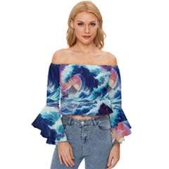 Storm Tsunami Waves Ocean Sea Nautical Nature Off Shoulder Flutter Bell Sleeve Top by uniart180623