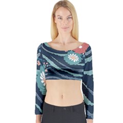 Waves Flowers Pattern Water Floral Minimalist Long Sleeve Crop Top by uniart180623