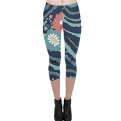 Waves Flowers Pattern Water Floral Minimalist Capri Leggings  by uniart180623