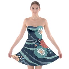 Waves Flowers Pattern Water Floral Minimalist Strapless Bra Top Dress by uniart180623