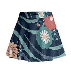 Waves Flowers Pattern Water Floral Minimalist Mini Flare Skirt by uniart180623