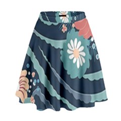 Waves Flowers Pattern Water Floral Minimalist High Waist Skirt by uniart180623