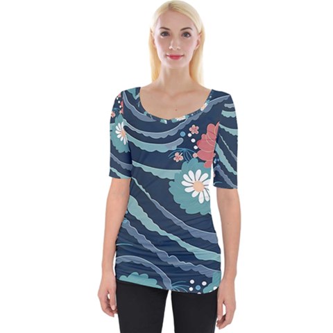 Waves Flowers Pattern Water Floral Minimalist Wide Neckline Tee by uniart180623