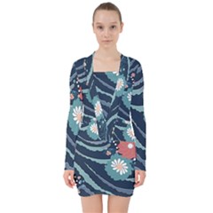 Waves Flowers Pattern Water Floral Minimalist V-neck Bodycon Long Sleeve Dress