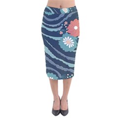 Waves Flowers Pattern Water Floral Minimalist Velvet Midi Pencil Skirt by uniart180623