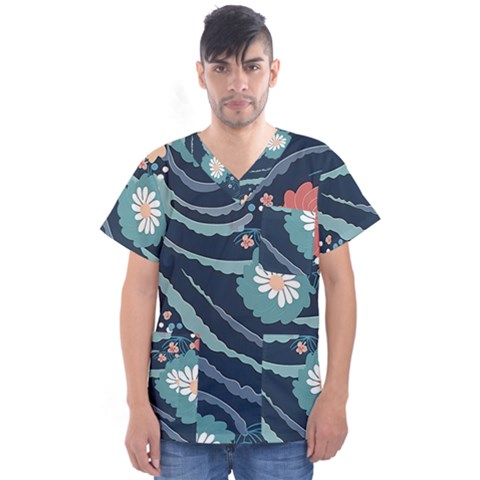 Waves Flowers Pattern Water Floral Minimalist Men s V-neck Scrub Top by uniart180623