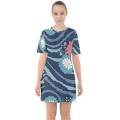 Waves Flowers Pattern Water Floral Minimalist Sixties Short Sleeve Mini Dress by uniart180623