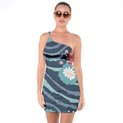 Waves Flowers Pattern Water Floral Minimalist One Shoulder Ring Trim Bodycon Dress