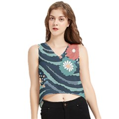 Waves Flowers Pattern Water Floral Minimalist V-neck Cropped Tank Top