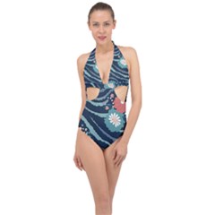 Waves Flowers Pattern Water Floral Minimalist Halter Front Plunge Swimsuit