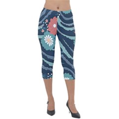 Waves Flowers Pattern Water Floral Minimalist Lightweight Velour Capri Leggings 