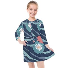 Waves Flowers Pattern Water Floral Minimalist Kids  Quarter Sleeve Shirt Dress