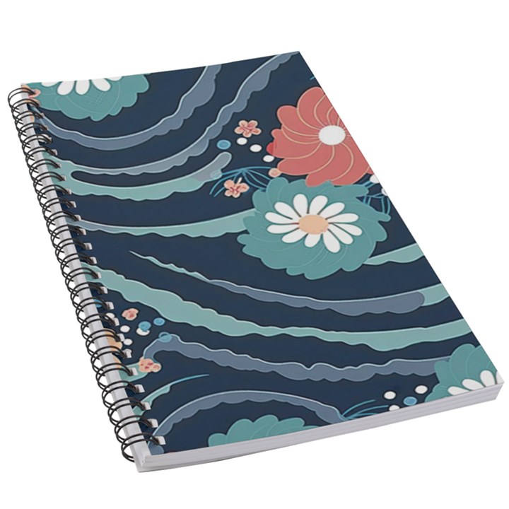 Waves Flowers Pattern Water Floral Minimalist 5.5  x 8.5  Notebook