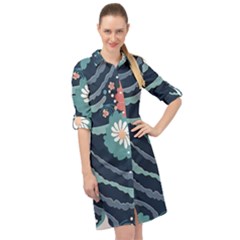 Waves Flowers Pattern Water Floral Minimalist Long Sleeve Mini Shirt Dress by uniart180623