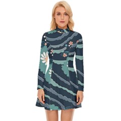 Waves Flowers Pattern Water Floral Minimalist Long Sleeve Velour Longline Dress by uniart180623