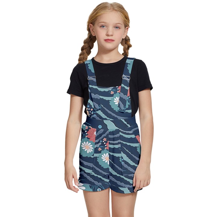 Waves Flowers Pattern Water Floral Minimalist Kids  Short Overalls