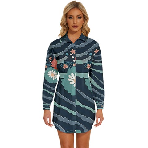 Waves Flowers Pattern Water Floral Minimalist Womens Long Sleeve Shirt Dress by uniart180623