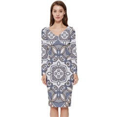 Flower Art Decorative Mandala Pattern Ornamental Long Sleeve V-neck Bodycon Dress  by uniart180623