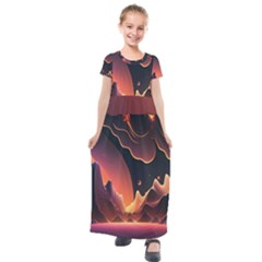 Fire Flame Burn Hot Heat Light Burning Orange Kids  Short Sleeve Maxi Dress by uniart180623