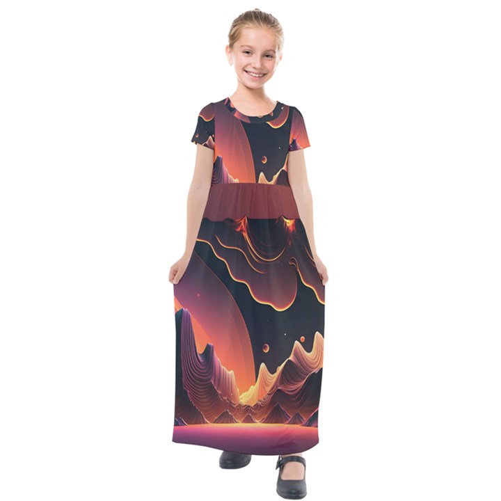 Fire Flame Burn Hot Heat Light Burning Orange Kids  Short Sleeve Maxi Dress