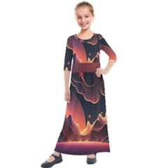 Fire Flame Burn Hot Heat Light Burning Orange Kids  Quarter Sleeve Maxi Dress by uniart180623