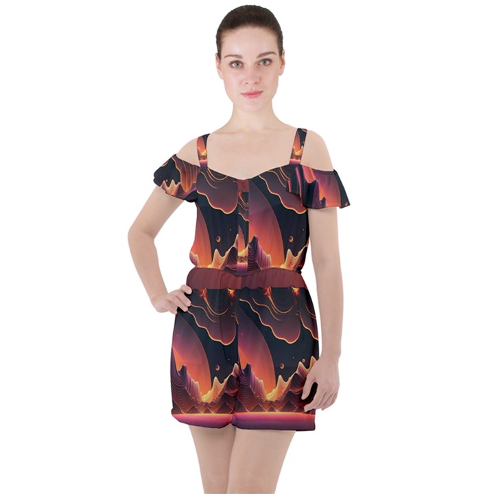 Fire Flame Burn Hot Heat Light Burning Orange Ruffle Cut Out Chiffon Playsuit