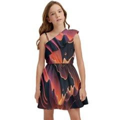 Fire Flame Burn Hot Heat Light Burning Orange Kids  One Shoulder Party Dress by uniart180623