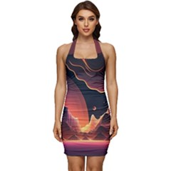 Fire Flame Burn Hot Heat Light Burning Orange Sleeveless Wide Square Neckline Ruched Bodycon Dress by uniart180623