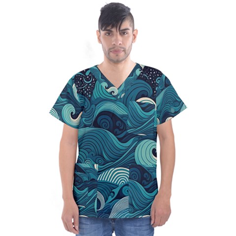 Waves Ocean Sea Abstract Whimsical Abstract Art Men s V-neck Scrub Top by uniart180623