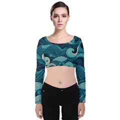 Waves Ocean Sea Abstract Whimsical Abstract Art Velvet Long Sleeve Crop Top by uniart180623