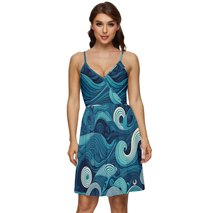 Waves Ocean Sea Abstract Whimsical Abstract Art V-Neck Pocket Summer Dress 