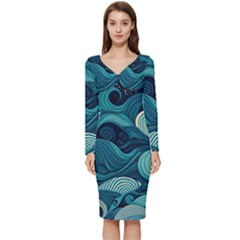 Waves Ocean Sea Abstract Whimsical Abstract Art Long Sleeve V-neck Bodycon Dress  by uniart180623