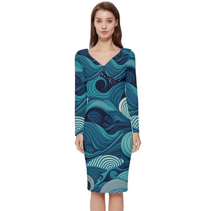 Waves Ocean Sea Abstract Whimsical Abstract Art Long Sleeve V-Neck Bodycon Dress 