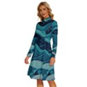 Waves Ocean Sea Abstract Whimsical Abstract Art Long Sleeve Shirt Collar A-Line Dress View2