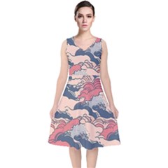 Waves Ocean Sea Water Pattern Rough Seas V-neck Midi Sleeveless Dress  by uniart180623