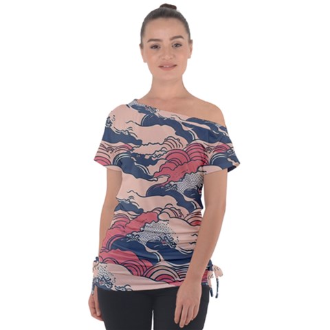 Waves Ocean Sea Water Pattern Rough Seas Off Shoulder Tie-up Tee by uniart180623