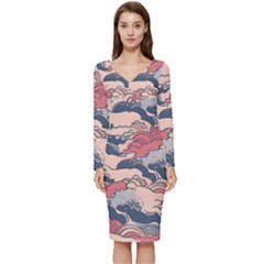 Waves Ocean Sea Water Pattern Rough Seas Long Sleeve V-neck Bodycon Dress  by uniart180623