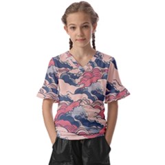 Waves Ocean Sea Water Pattern Rough Seas Kids  V-neck Horn Sleeve Blouse by uniart180623