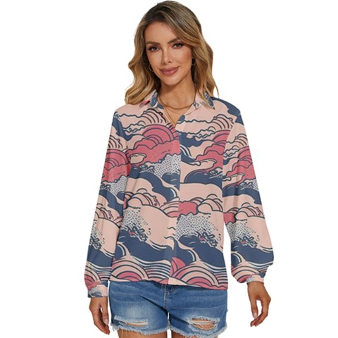 Waves Ocean Sea Water Pattern Rough Seas Women s Long Sleeve Button Up Shirt by uniart180623