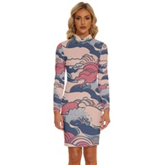 Waves Ocean Sea Water Pattern Rough Seas Long Sleeve Shirt Collar Bodycon Dress by uniart180623