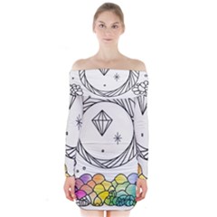 Rainbow Fun Cute Minimal Doodle Drawing Long Sleeve Off Shoulder Dress by uniart180623