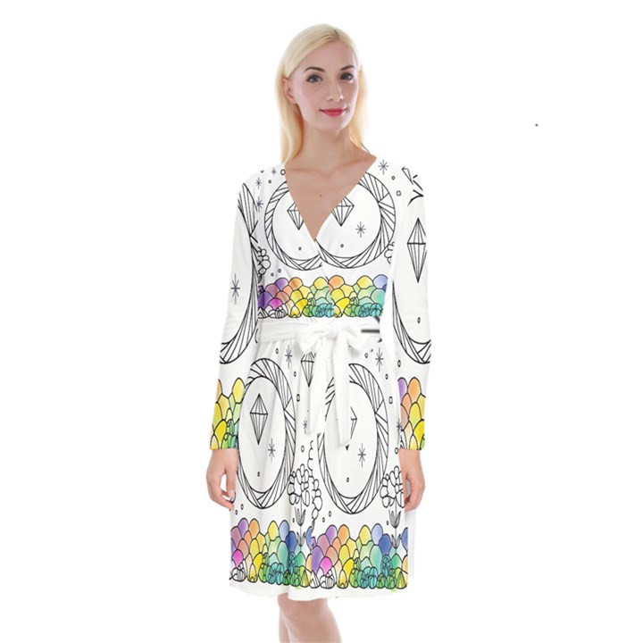 Rainbow Fun Cute Minimal Doodle Drawing Long Sleeve Velvet Front Wrap Dress